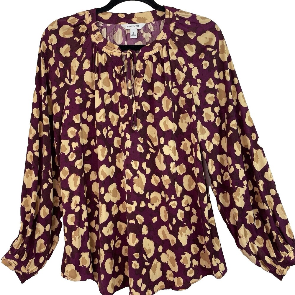 Nine West Blouse Women Small Purple Tan Animal‎ Print Tie Neck Balloon Sleeve